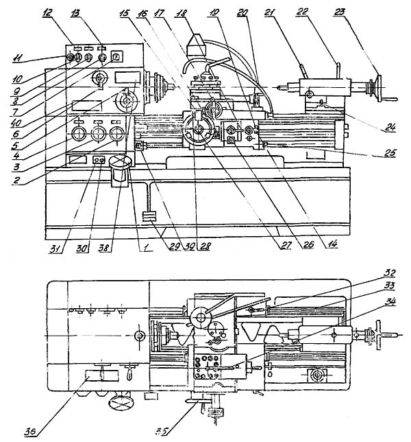 Розташування органів керування верстатом УТ16ПМ